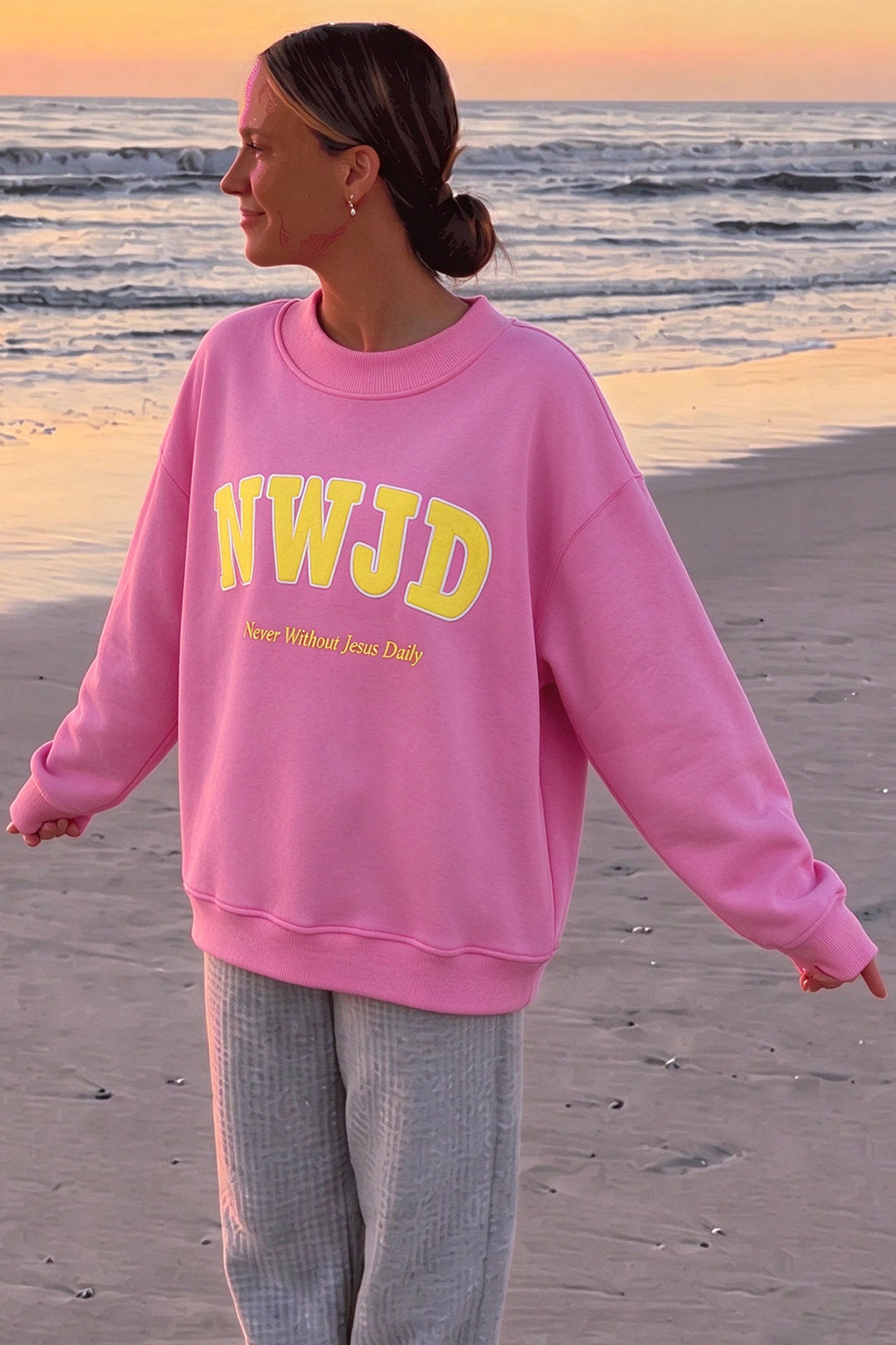 Pink WWJD Embroidered Trim Slogan Graphic Mock Pullover Sweatshirt