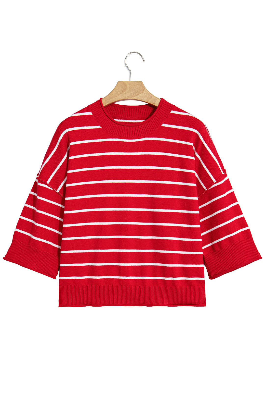 Red Stripe Dropped Shoulder Half Sleeve Relaxed Knit Sweater