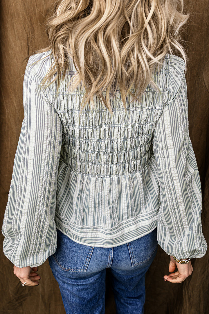 Blue Stripe V Neck Shirred Long Sleeve Blouse