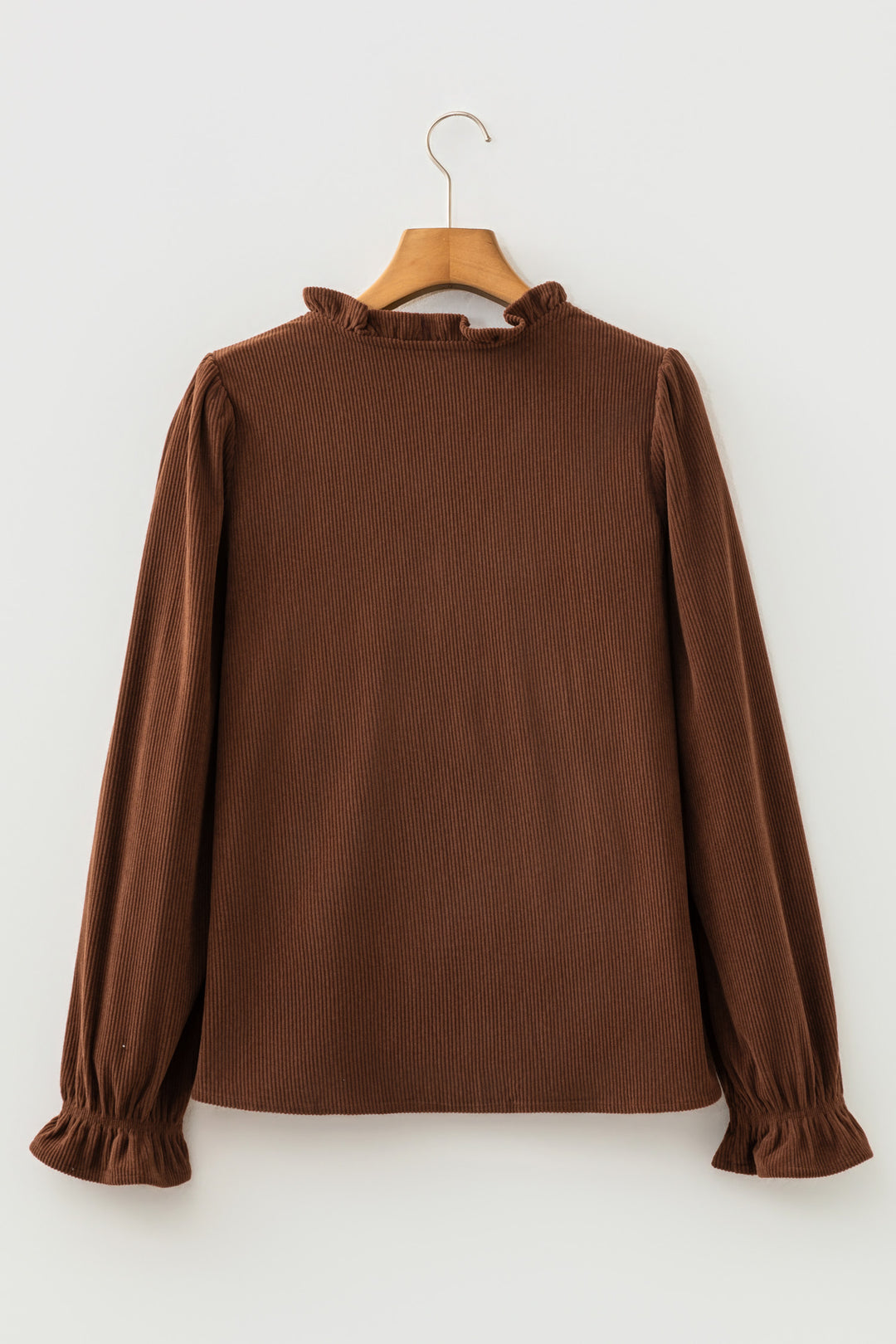 Coffee Solid Color Ruffle Trim V Neck Long Sleeve Button Corduroy Shakcet