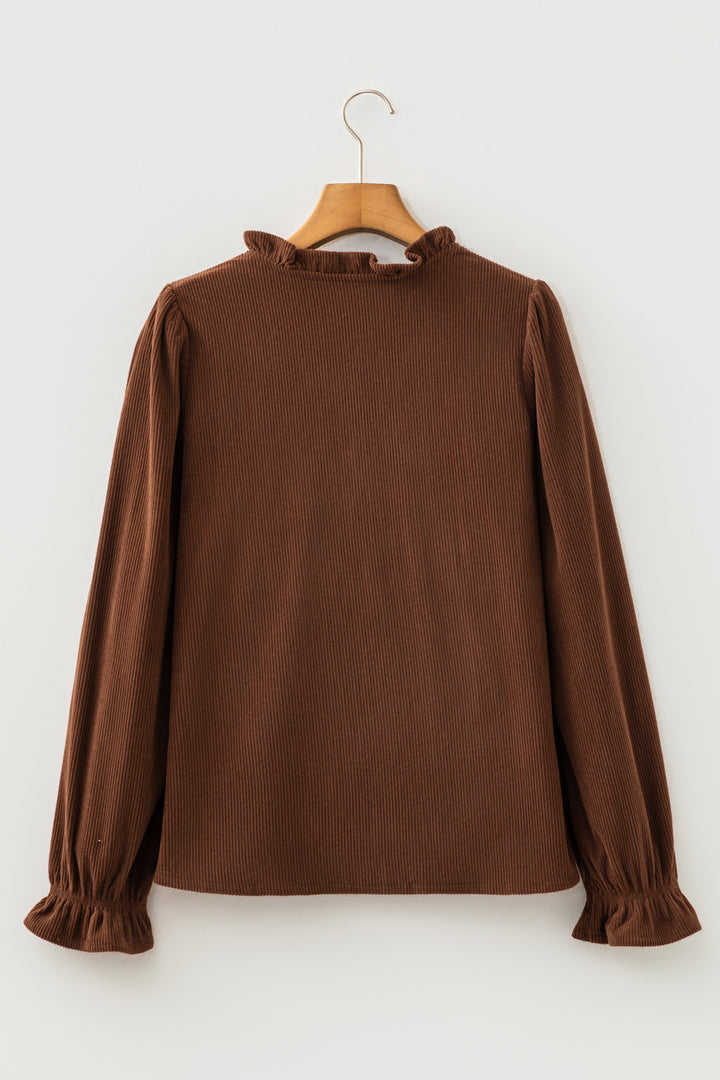 Coffee Solid Color Ruffle Trim V Neck Long Sleeve Button Corduroy Shakcet