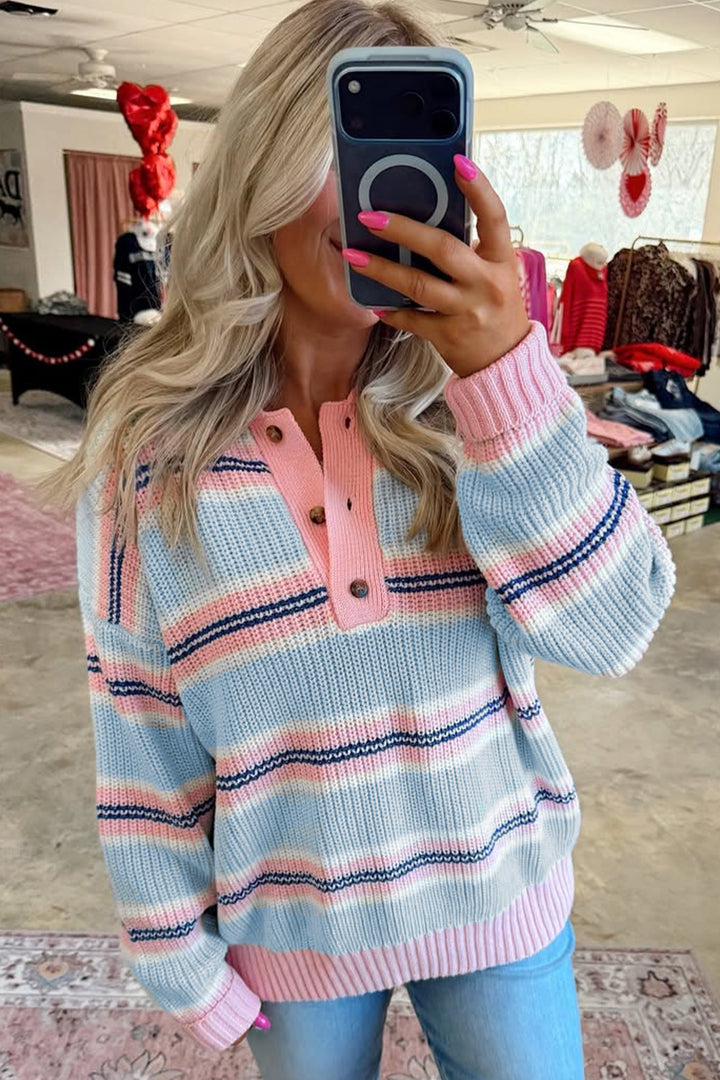 Sky Blue Stripe Striped Button Collar Long Sleeve Shift Fit Winter Knitwear Sweater