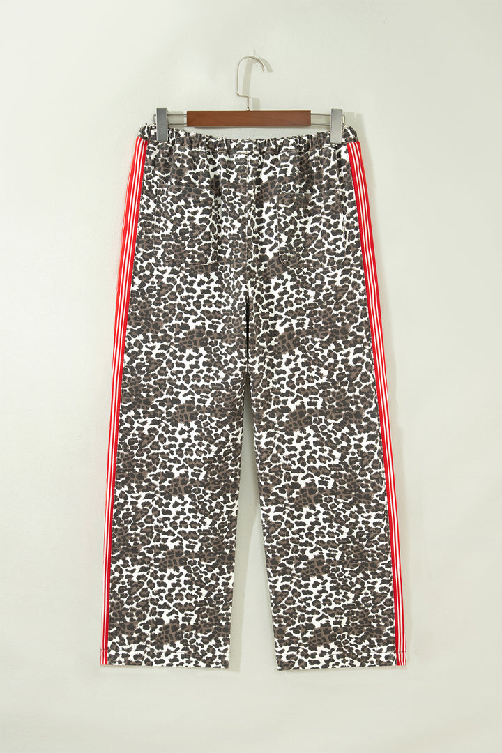 Brown Leopard Patchwork Elastic Waist Jeans