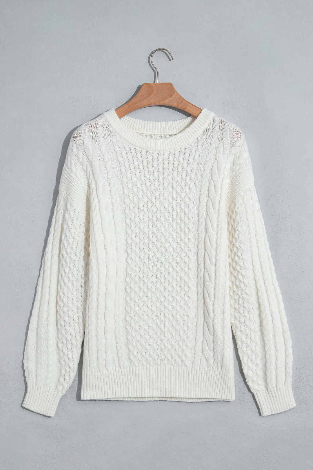 Beige Solid Color Cable Detail Knit Loose Round Neck Sweater