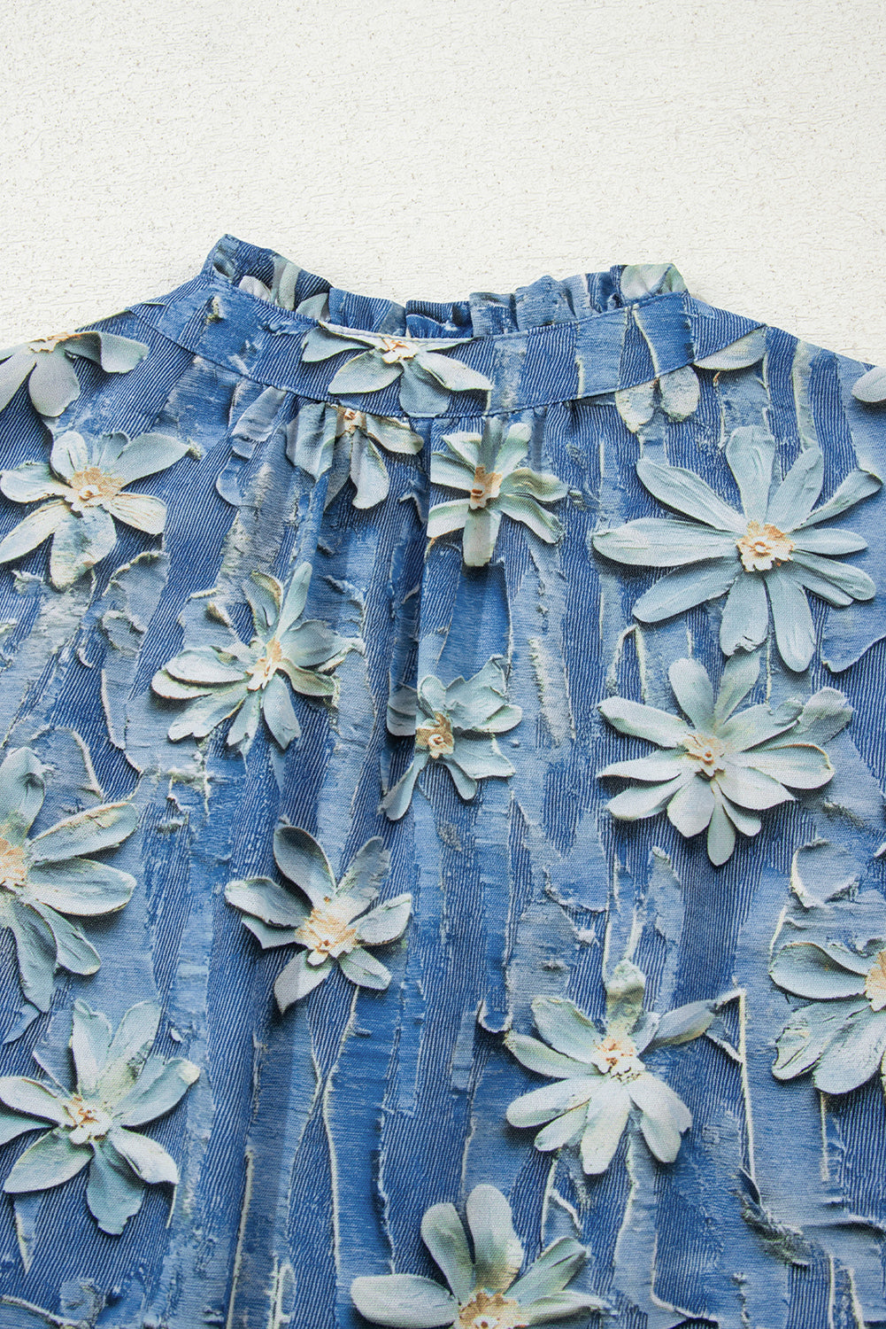 Sky Blue Fall Floral Half Placket Collared V Neck Blouse