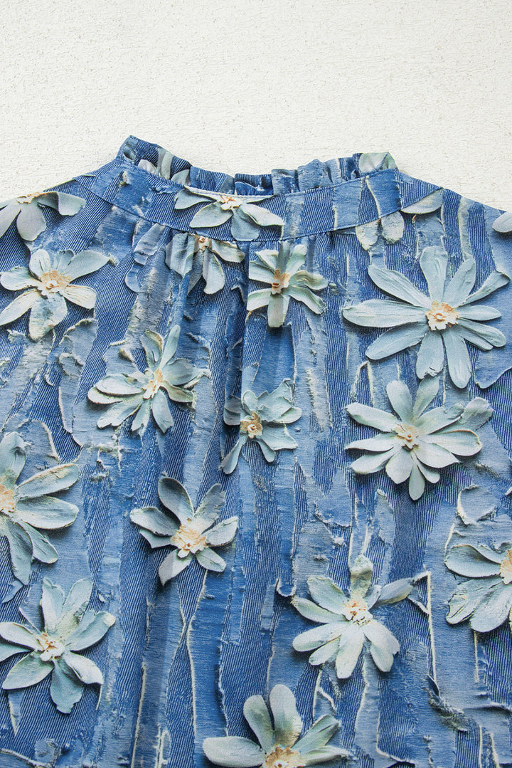 Sky Blue Fall Floral Half Placket Collared V Neck Blouse