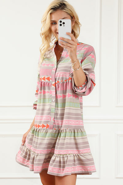 Multicolour Boho Print Puff Sleeve Buttoned Babydoll Dress