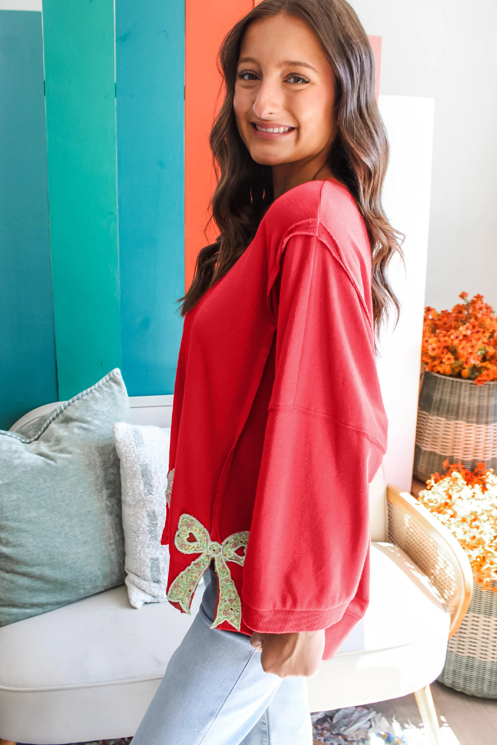 Fiery Red Floral Bow Patched Exposed Seam Patchwork Slit Baggy Sweatshirt