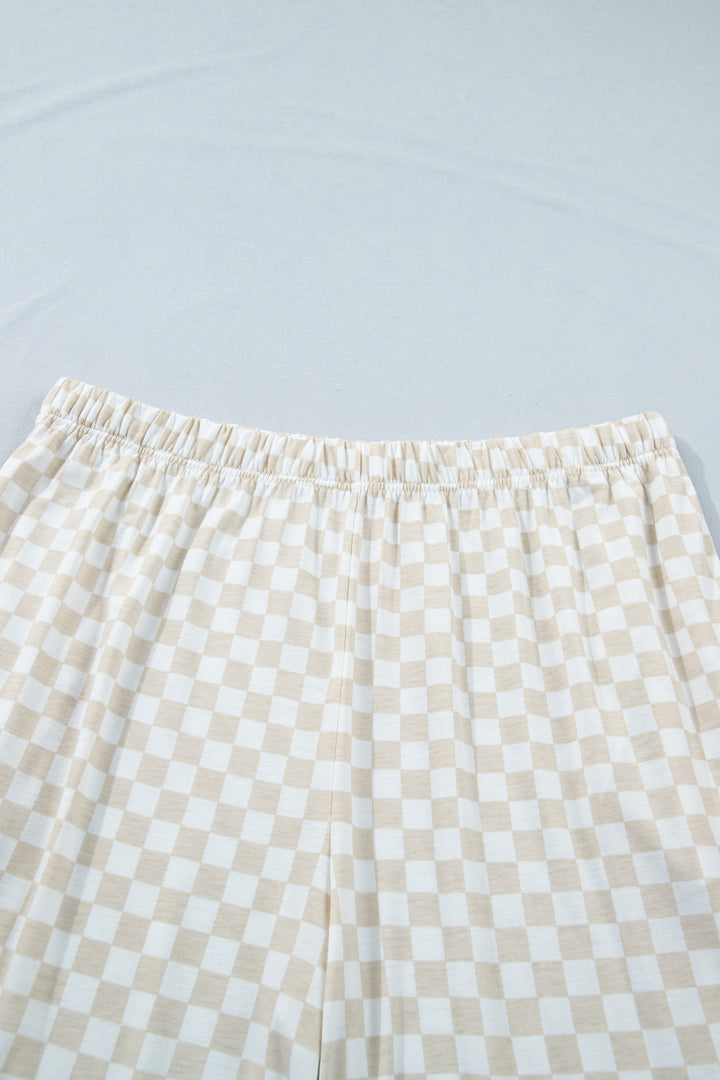 Khaki Plus Size Checkered Print Half Sleeve Tee Loose Pants Two-piece Lounge Set