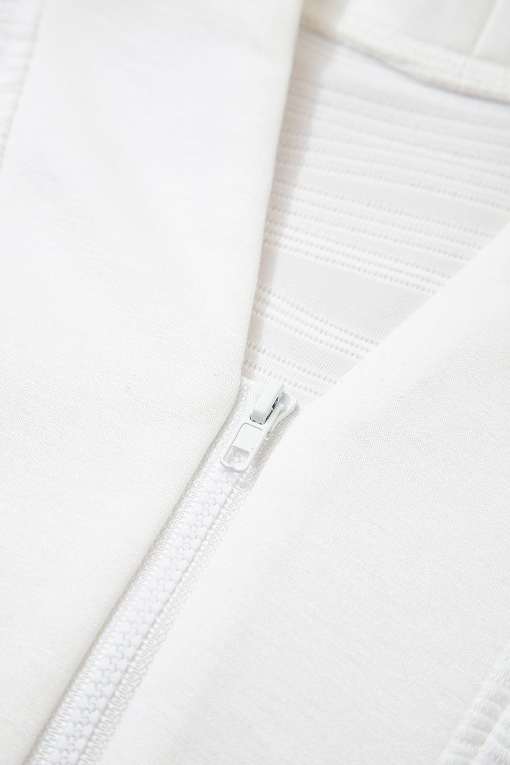 White Solid Color Textured Zip V Neck Pullover Sweatshirt