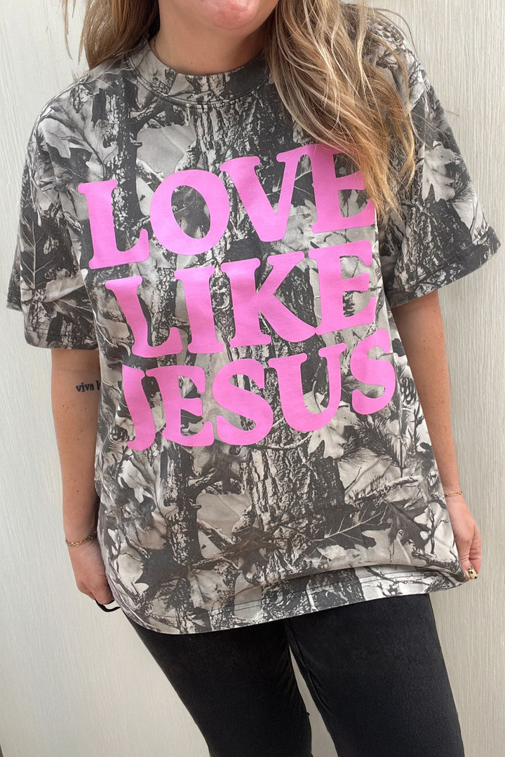 Gray Woodland Camouflage LOVE LIKE JESUS Plus Size T Shirt