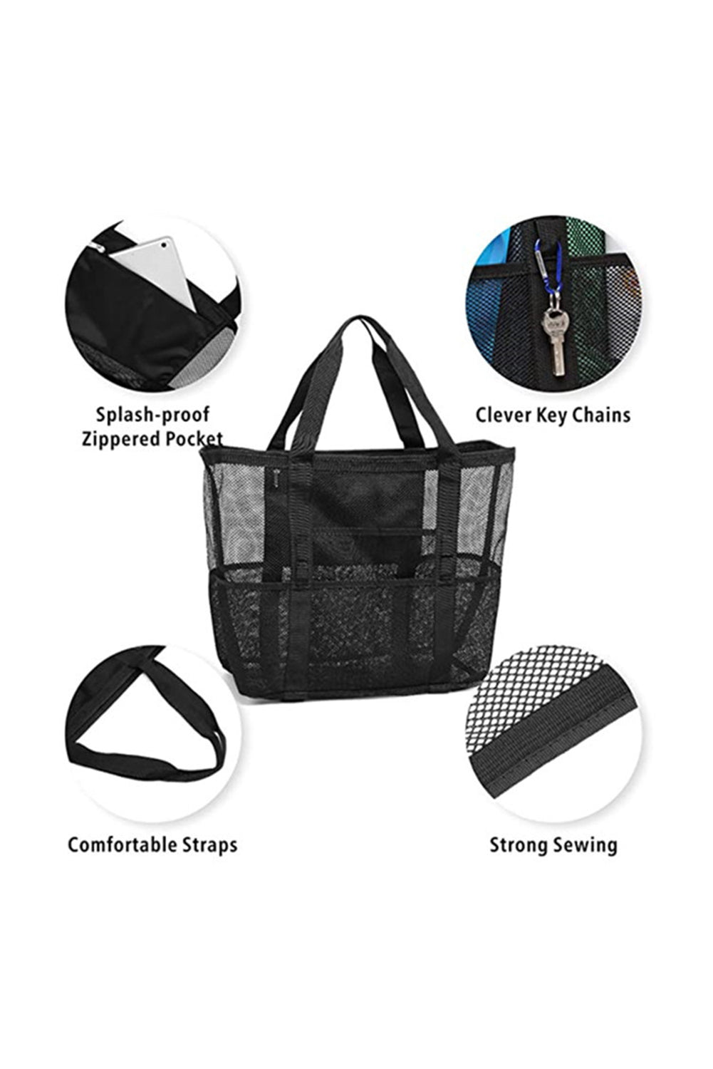 Black Multi-pocket Large Mesh Tote Bag