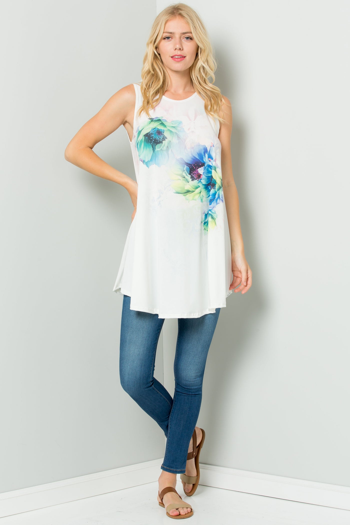 Sleeveless Tunic Dress With Floral Print Sublimation