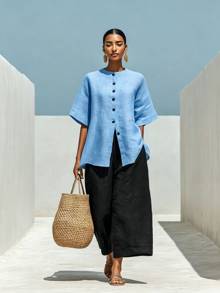 Linen Blend Cardigan Top &amp; Cropped Wide-Leg Pants Set – 5 Colors S–3XL