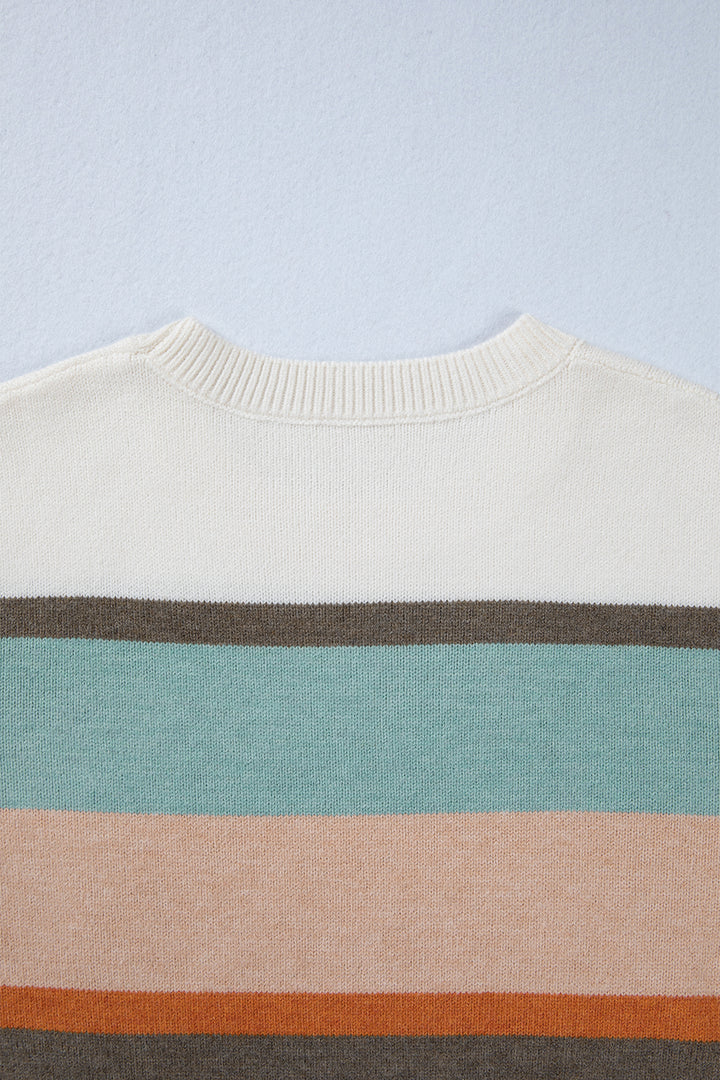 White Striped Color Block Knit Drop Shoulder Sweater