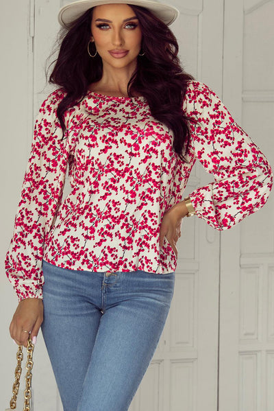 Red Floral Print Long Sleeve Open Back Blouse