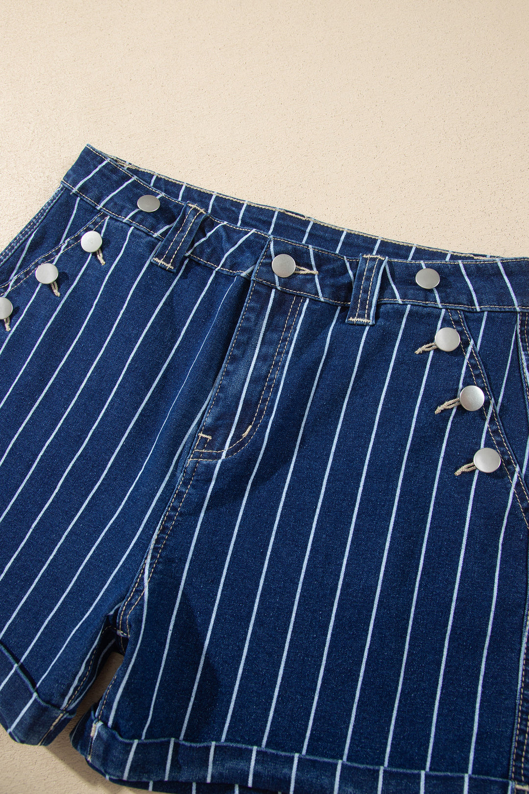 Blue Stripe Metal Button Detail Womens Denim Shorts