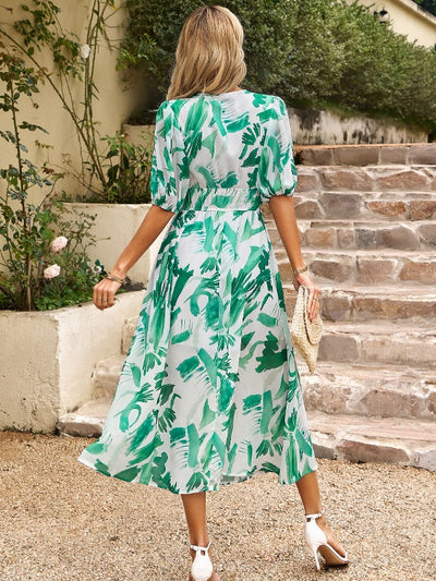 Smocked Printed V-Neck Half Sleeve Midi Dress