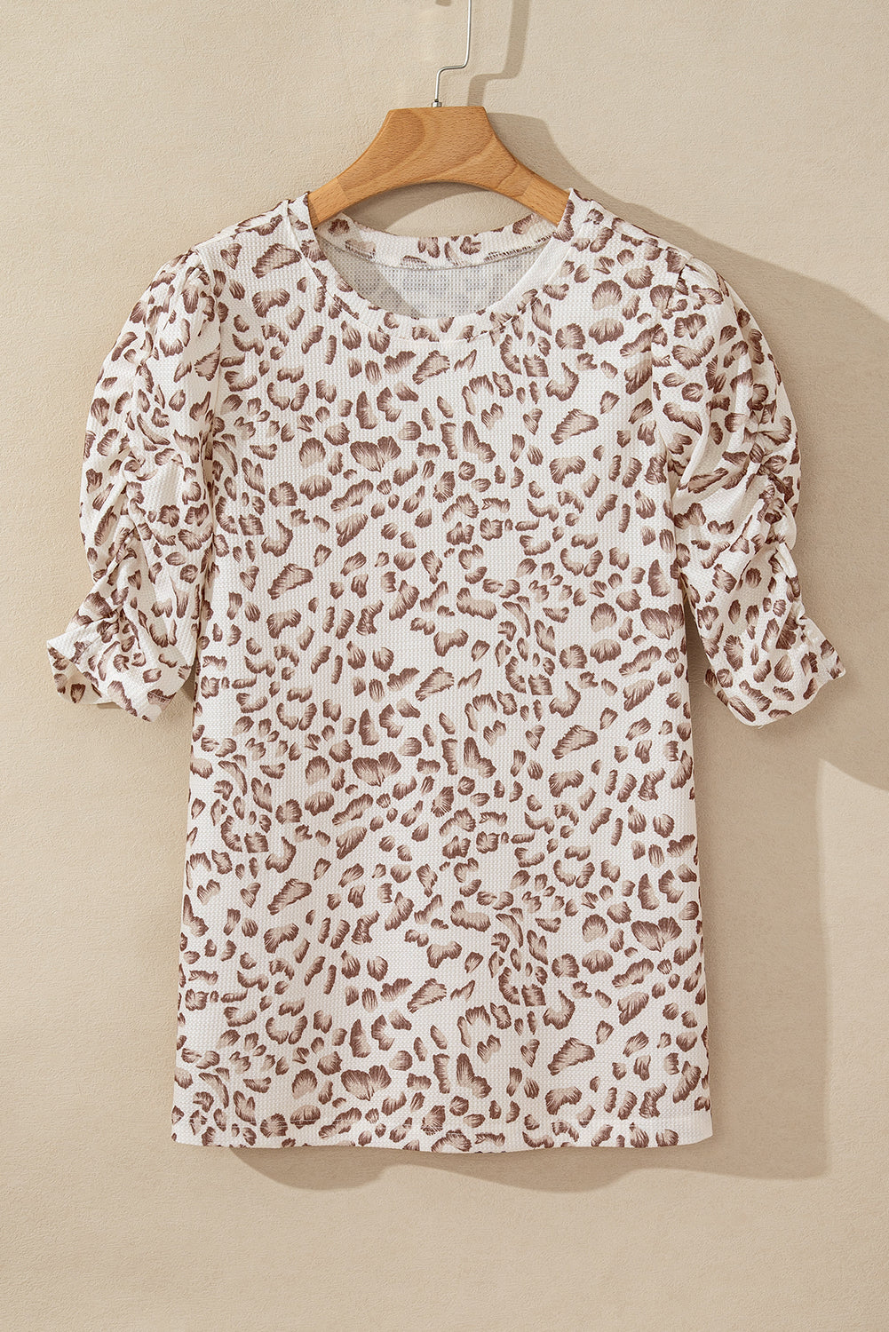 Multicolour Textured Leopard Print Ruched Sleeve T Shirt