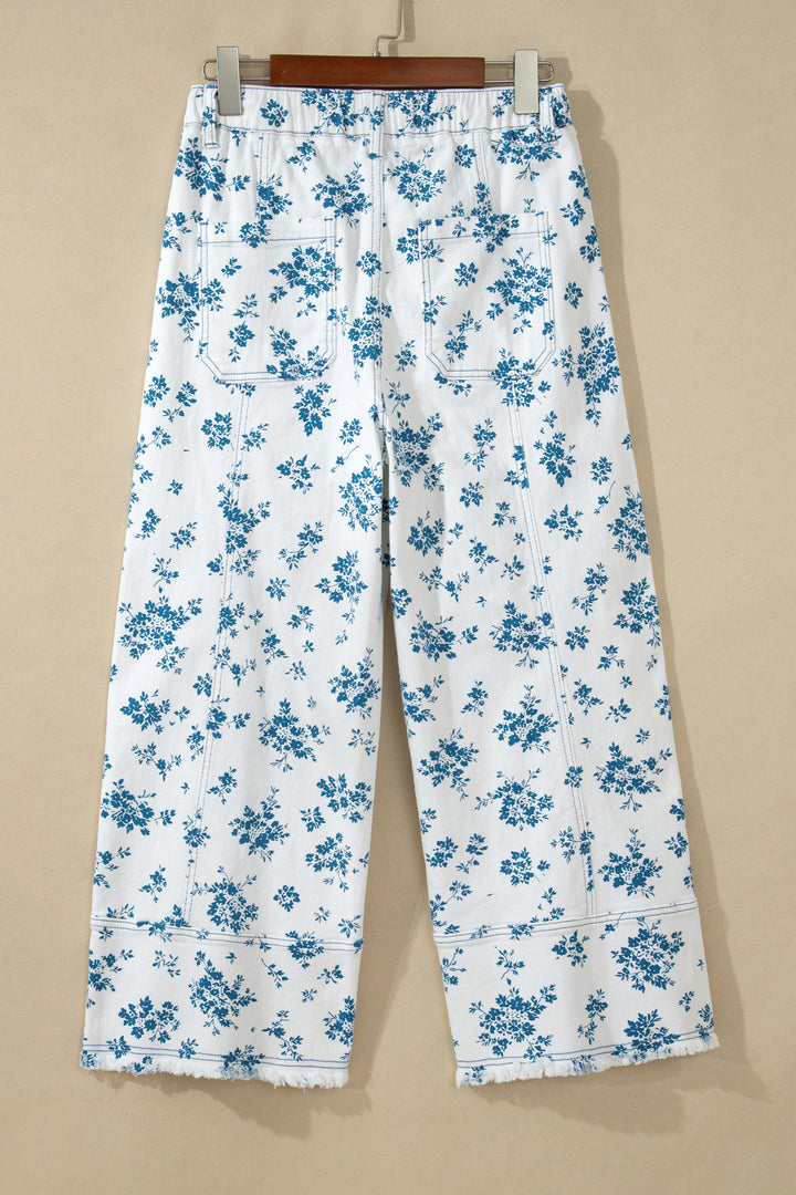 Sky Blue Floral Print Tie Waist Straight Leg Jeans