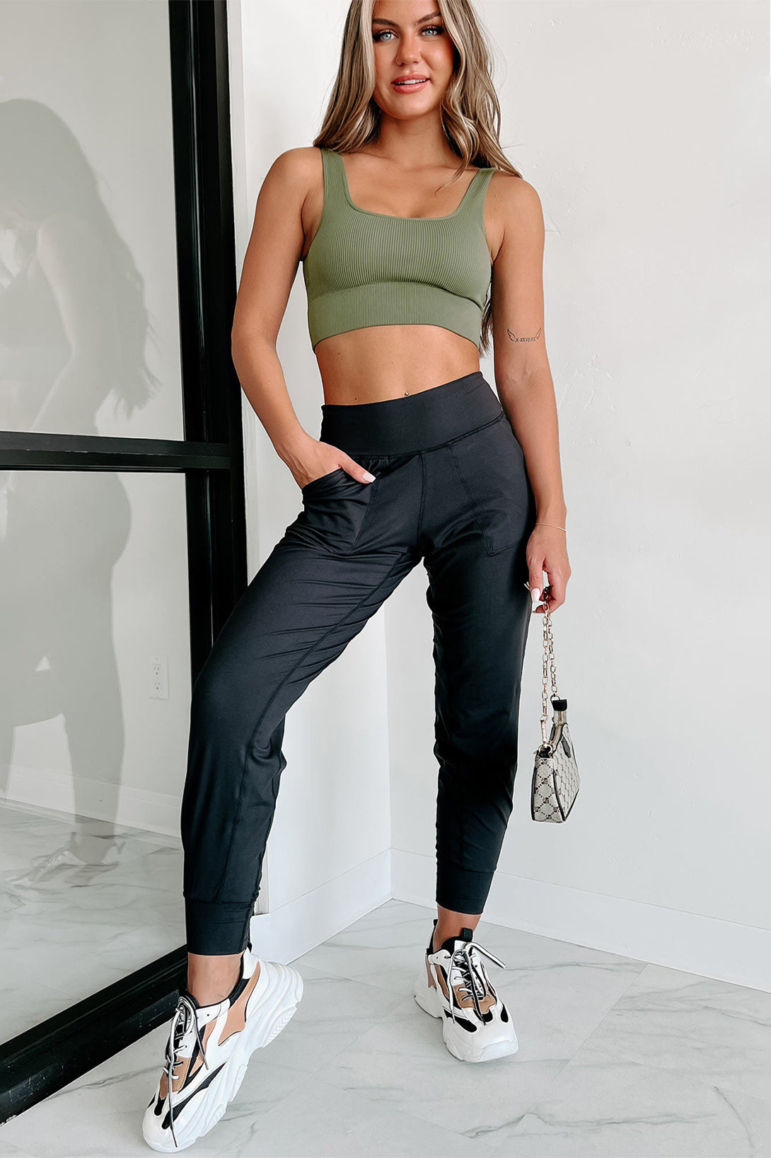 Black Exposed Seam High Waist Pocketed Joggers