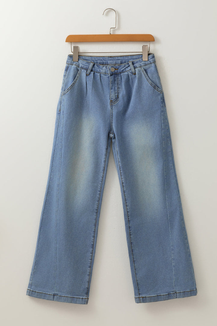 Scottie Blue Washed Pleated Detail Wide Leg Jeans