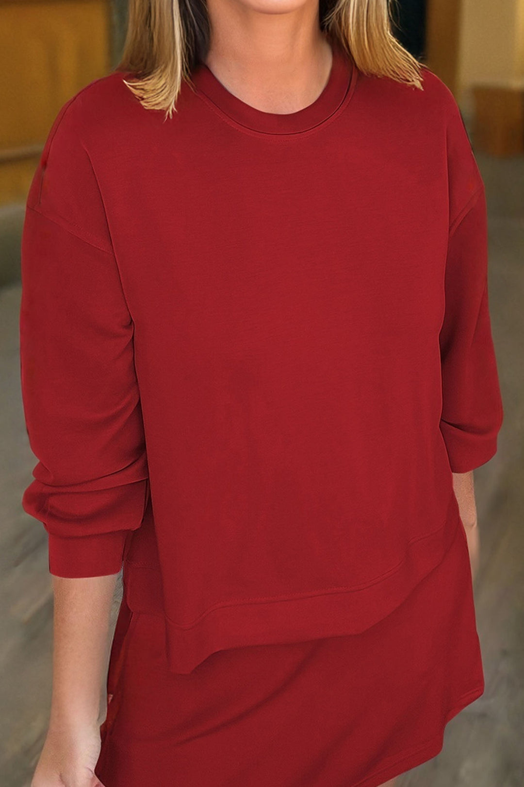 Jet Stream Solid Color Drop Shoulder Pullover Drawstring Mini Skirt 2pcs Outfit