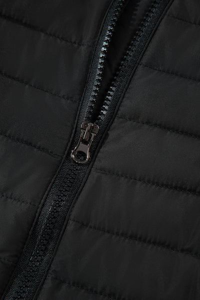 Black Solid Color Quilted Zip-up Puffer Jacket