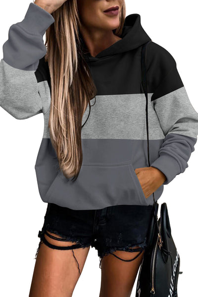 Gray Triple Color Block Hoodie with Kangaroo Pocket