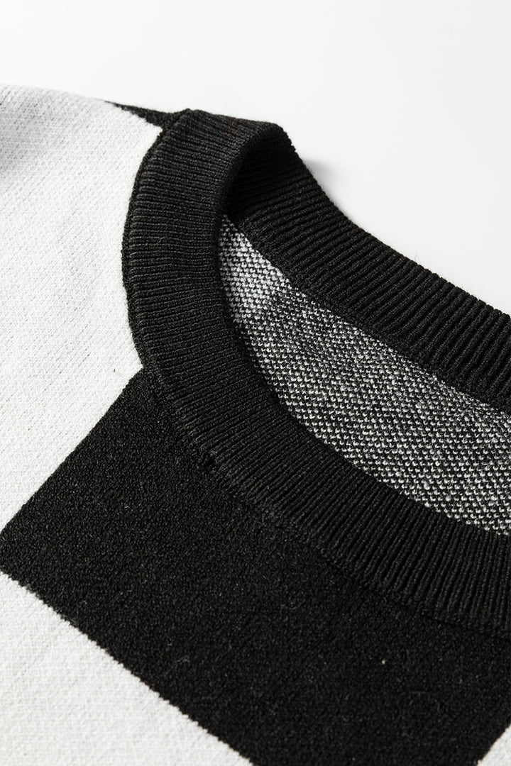 Black Checkered Pattern Loose Drop Shoulder Half Sleeve Sweater