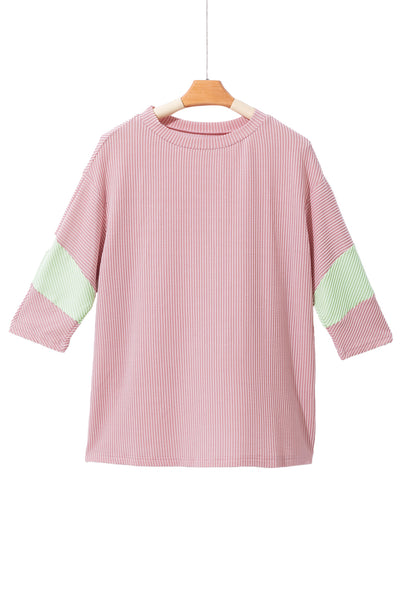 Light Pink Color Block Ribbed Knit Quarter Sleeve Top