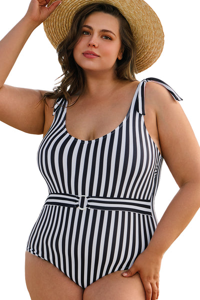 Black Stripe Plus Size Self Tie Straps O-Ring Waistband One Piece Swimsuit