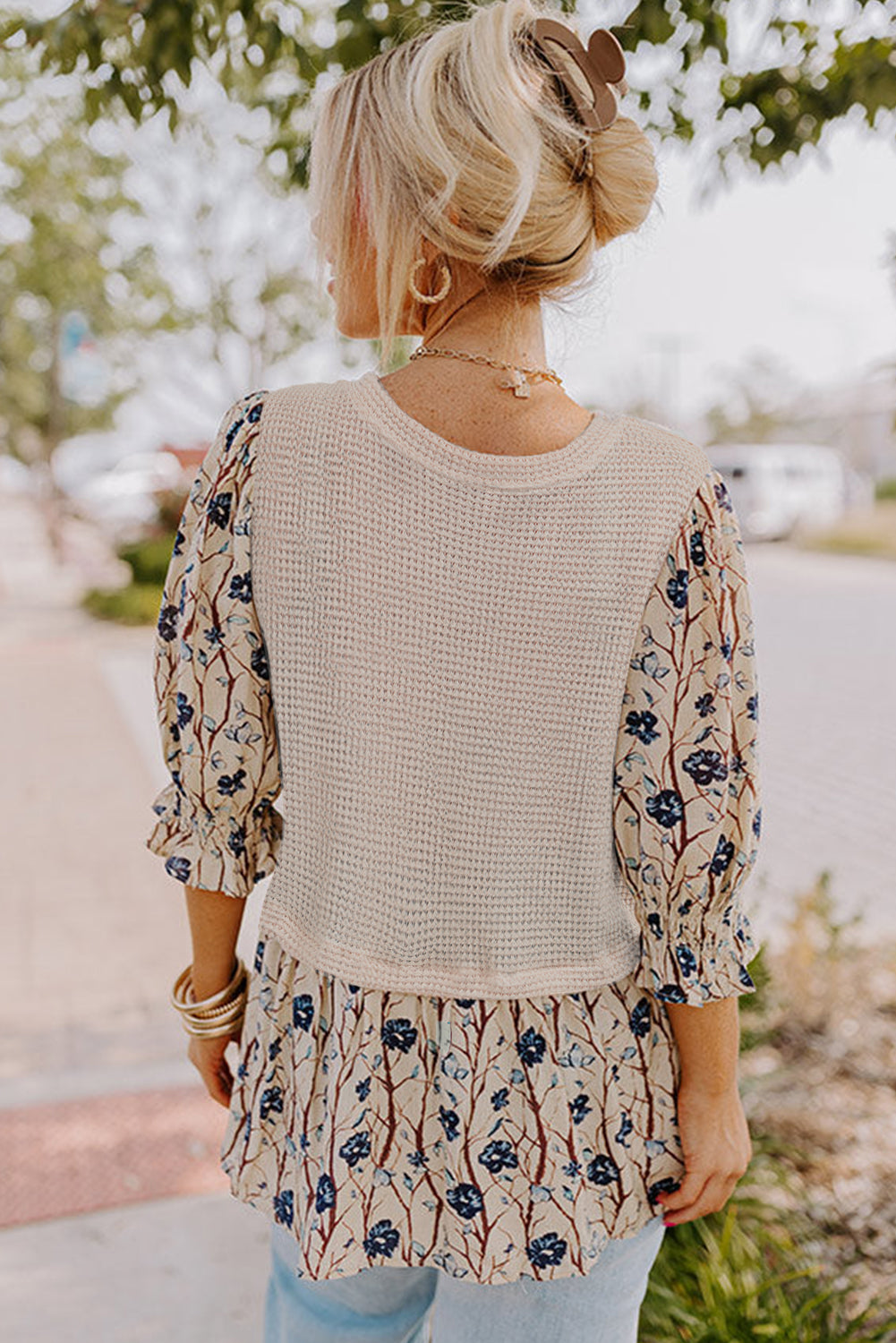 Beige Faux Two Piece Knit Patchwork Floral Print Plus Size Top