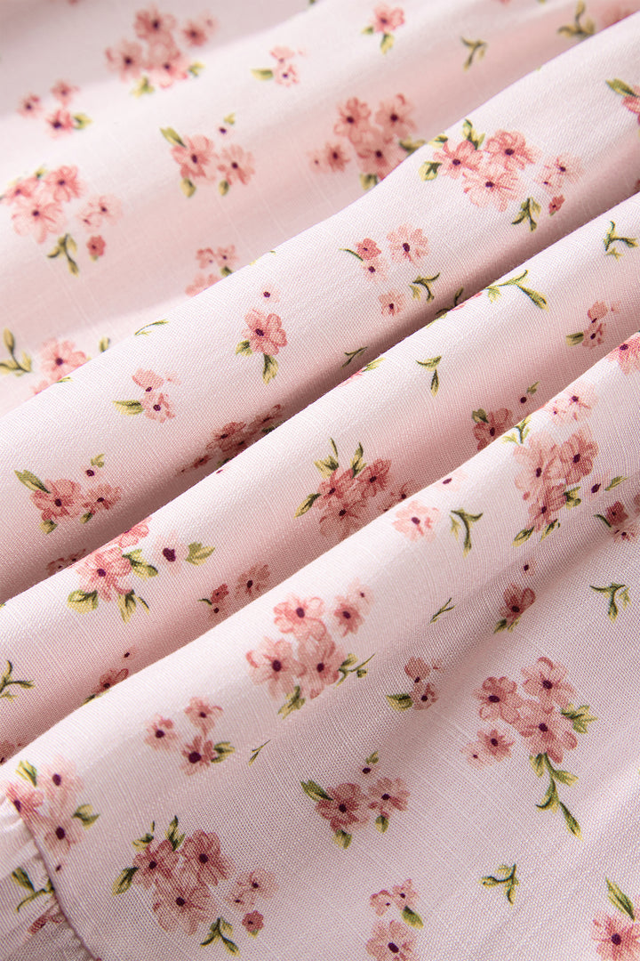 Pink Front Tie Shirred Waist Short Sleeve Ruffled Floral Mini Dress