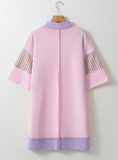 Pink Rainbow Stripe Half Sleeve Buttoned T Shirt Dress