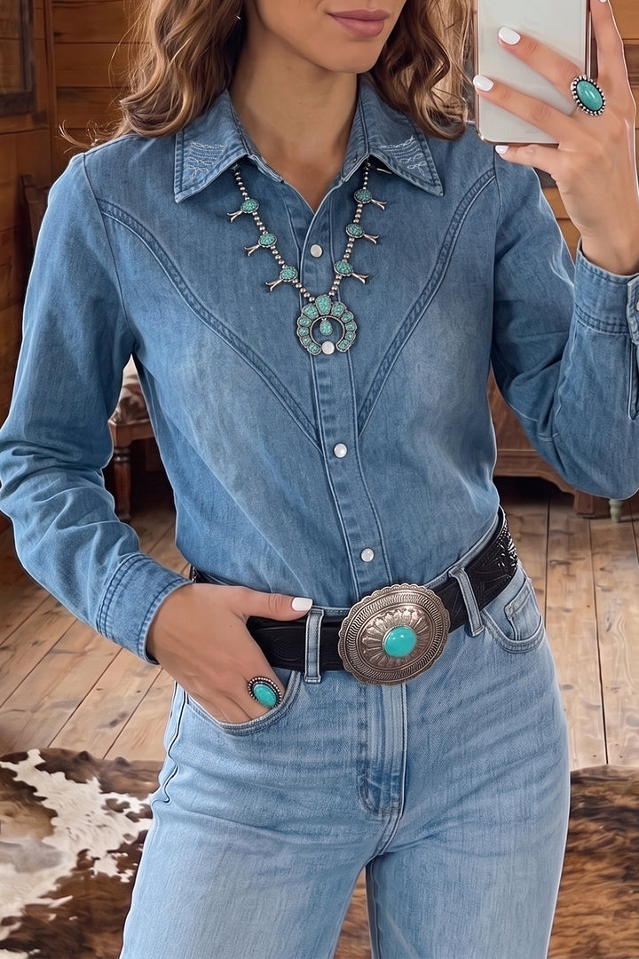 Myosotis Embroidered Western Detail Long Sleeve Collar Shirt