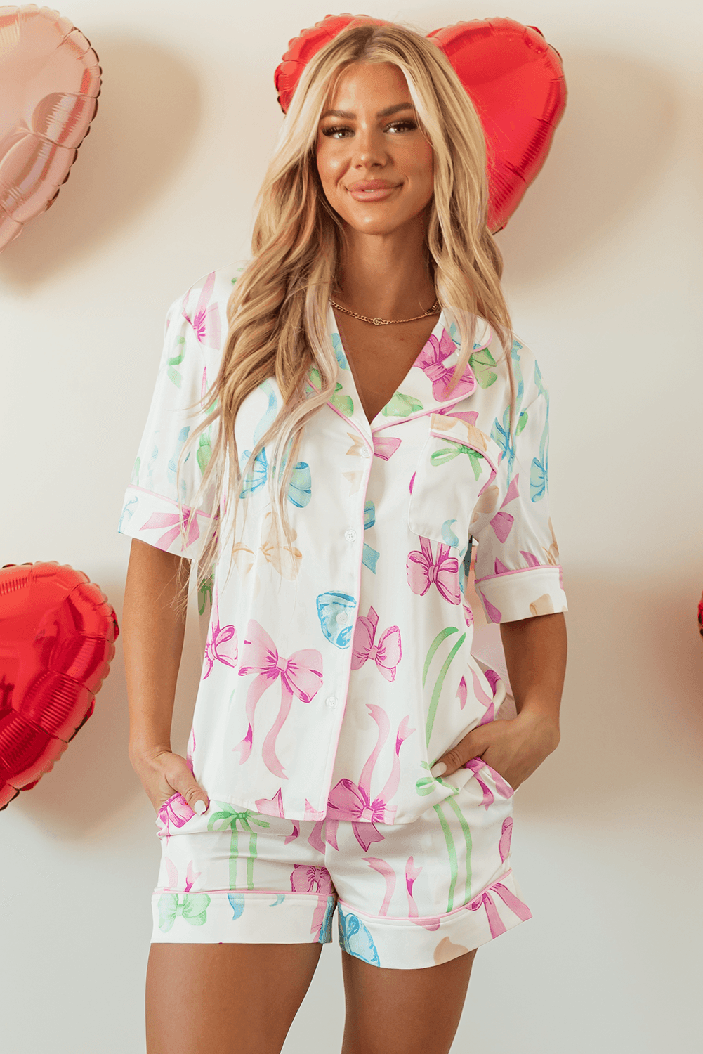 White Bowknot Print Buttoned Shirt High Waist Shorts Pajama Set