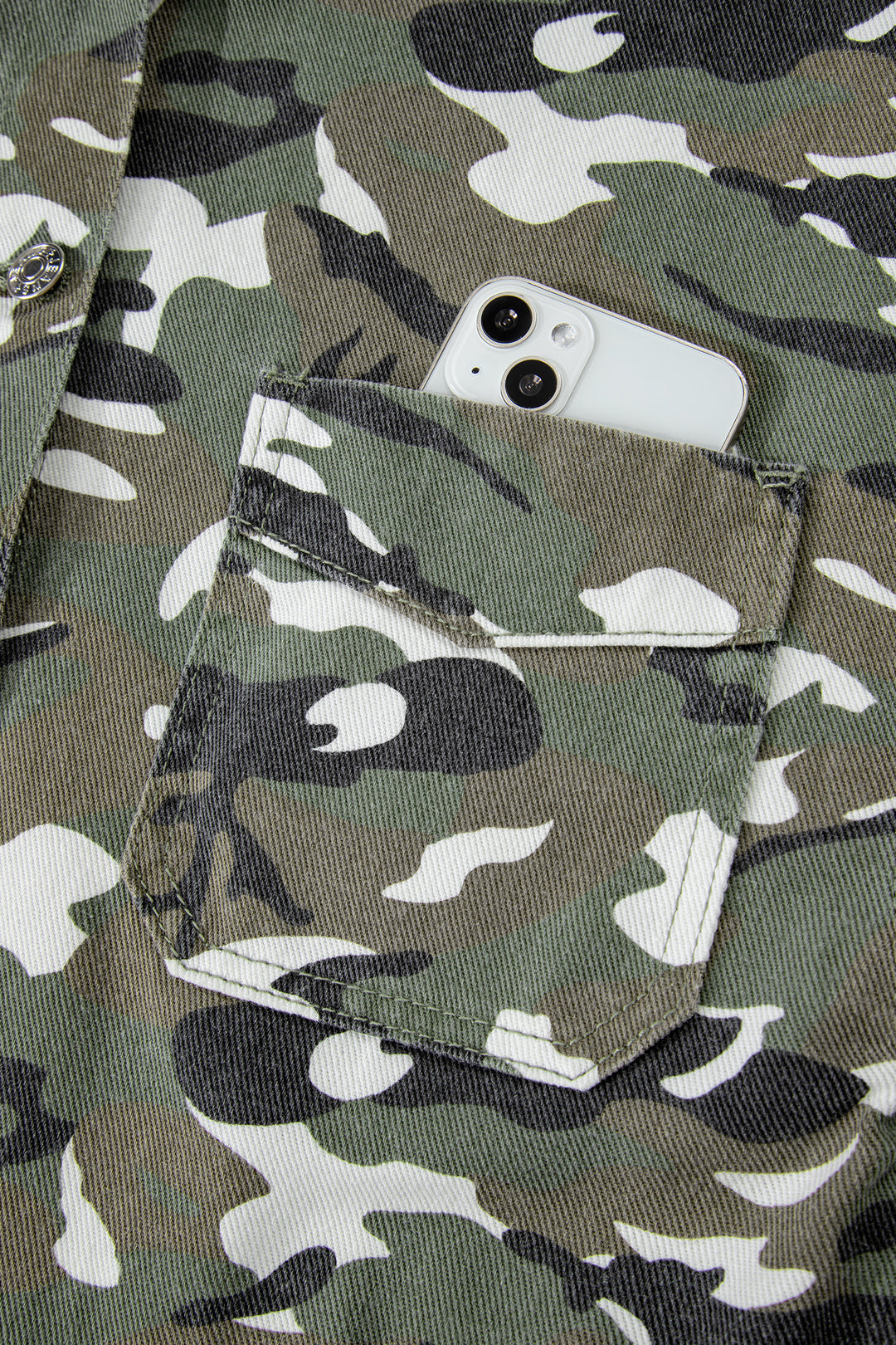 Green Camo Chest Pockets Loose Jean Jacket