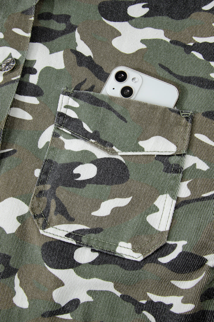 Green Camo Chest Pockets Loose Jean Jacket