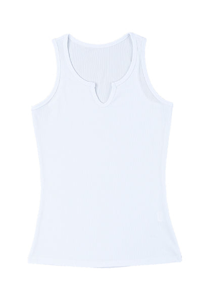 White Split Neck Ribbed Knit Tank Top