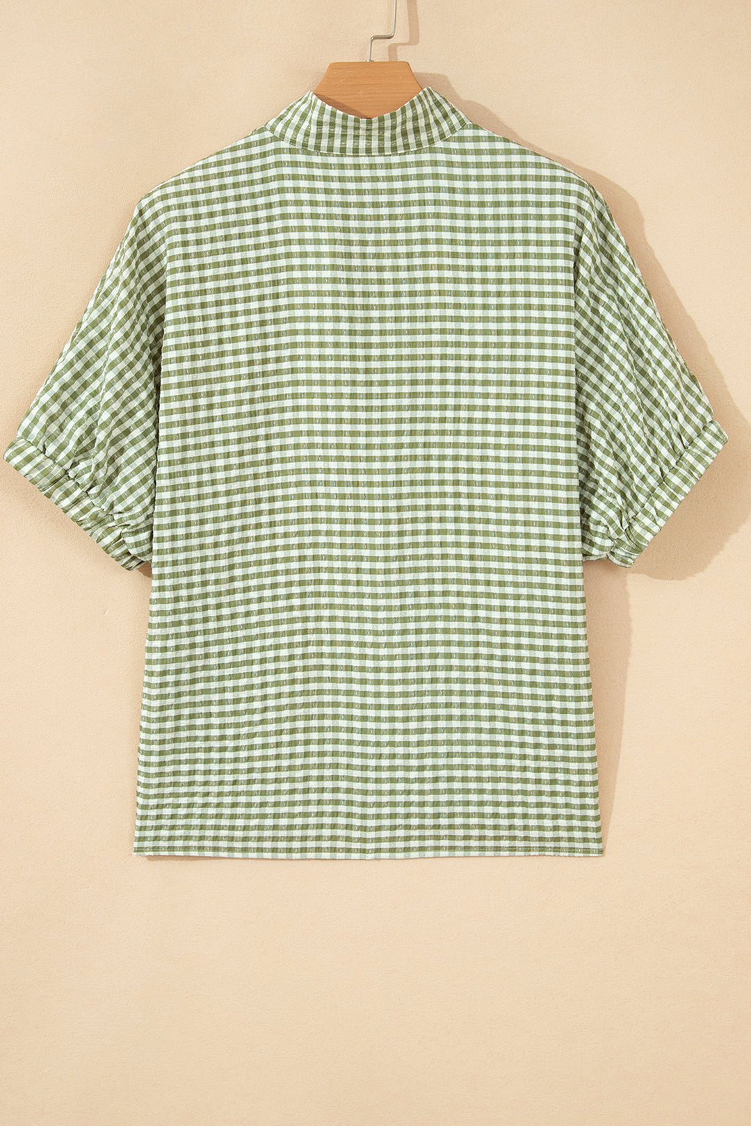 Red Plaid Short Sleeve Colorblock Trim Split Neck Blouse