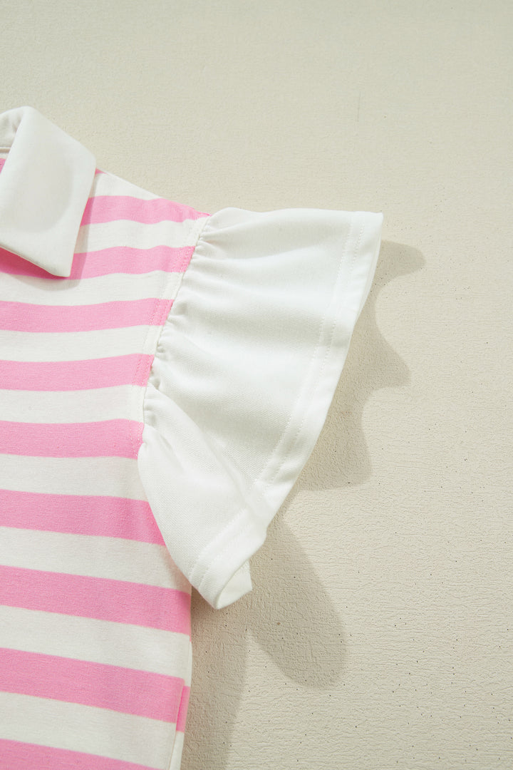 Pink Stripe Collar V Neck Ruffled Short Sleeve Blouse