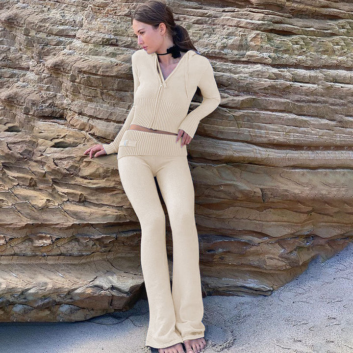 Women’s Knitted Hooded Two-Piece Set – Cardigan &amp; High-Waisted Pants Suit