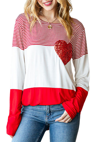 Fiery Red Valentine's Day Sequin Heart Striped Colorblock Top