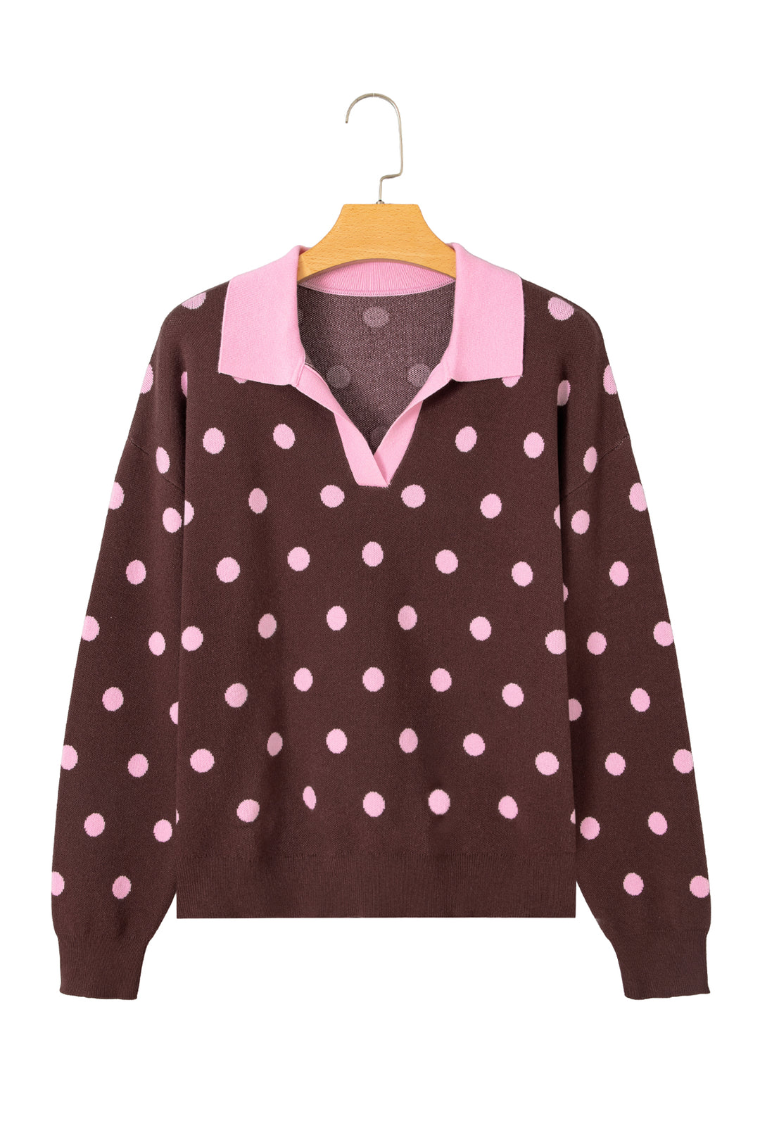 Pink Polka Dot Pattern Color Block Collared Loose Pullover Sweater