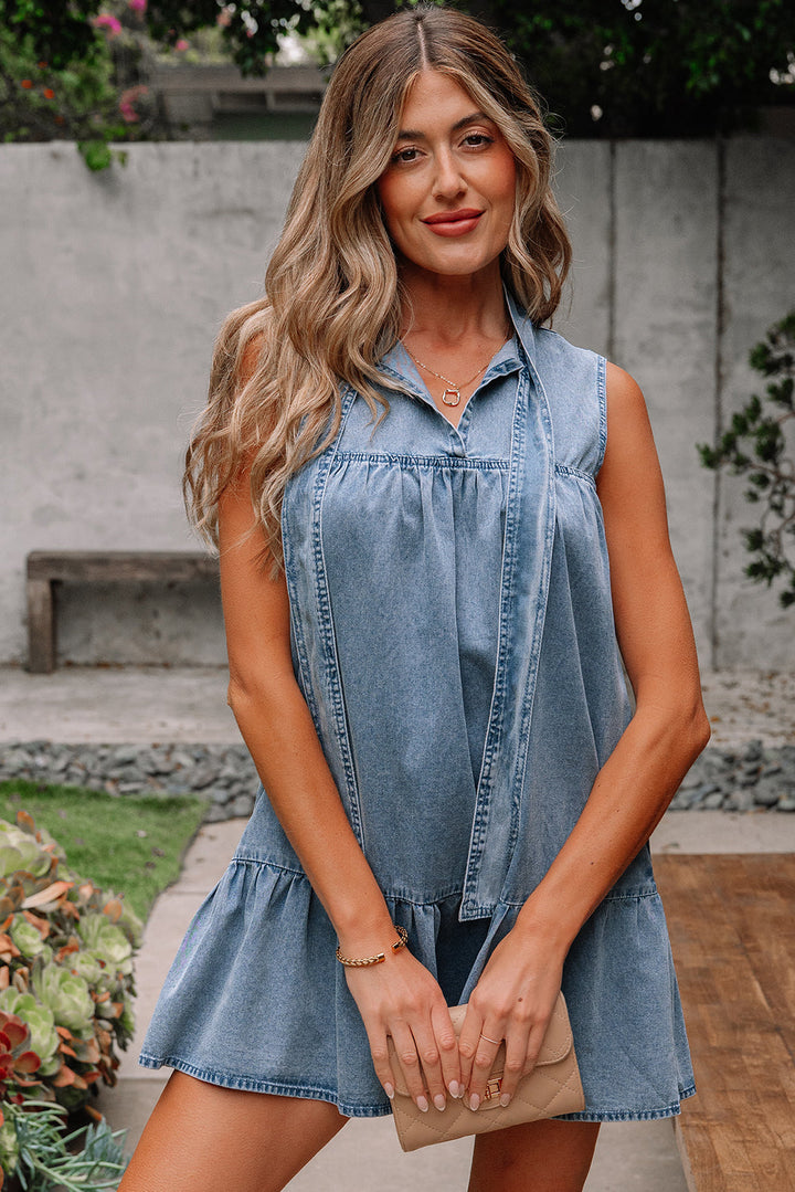 Clare Sleeveless Ruffled Chambray Dress