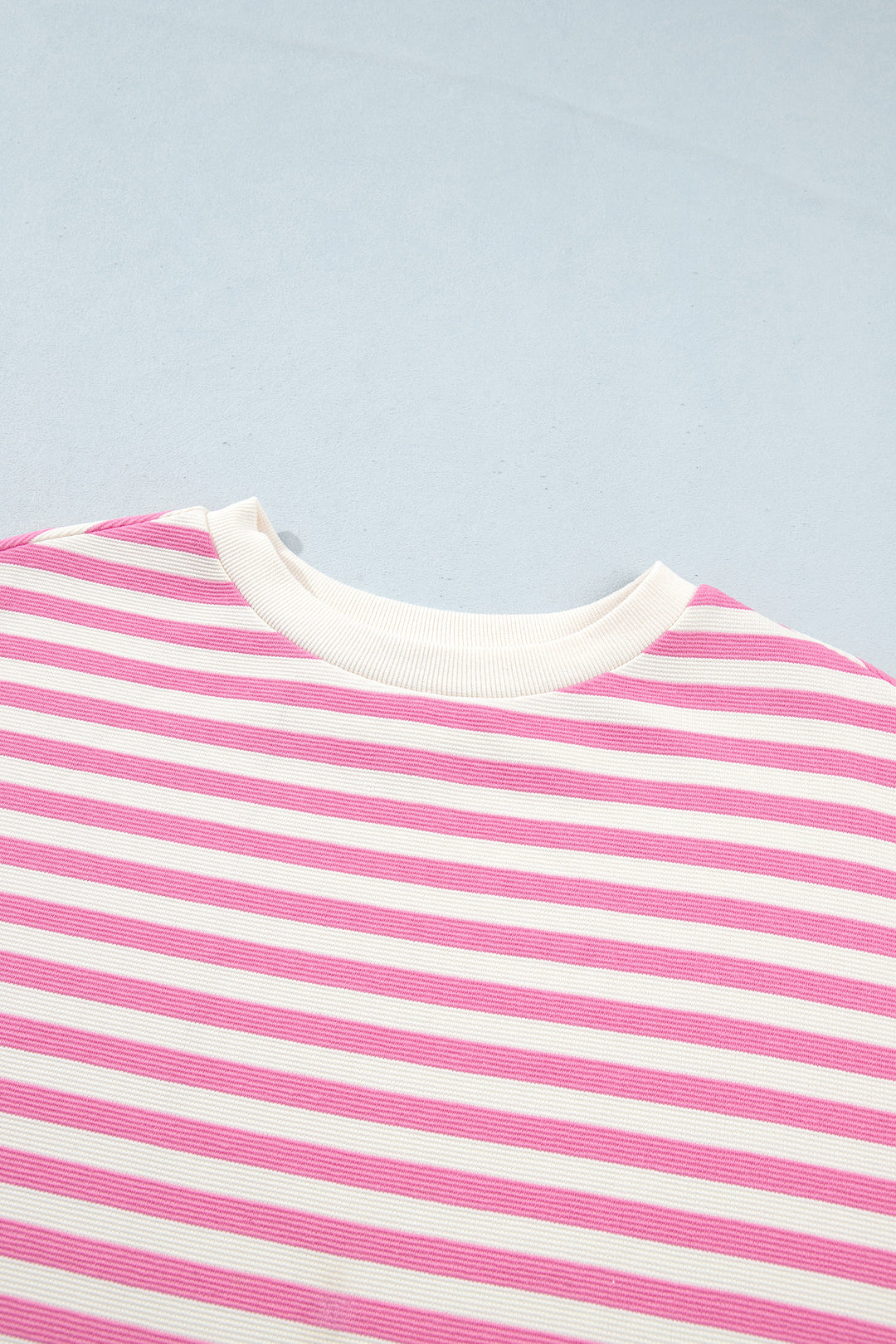 Pink Striped Long Sleeve Crew Neck Drawstring Waist Shorts Set
