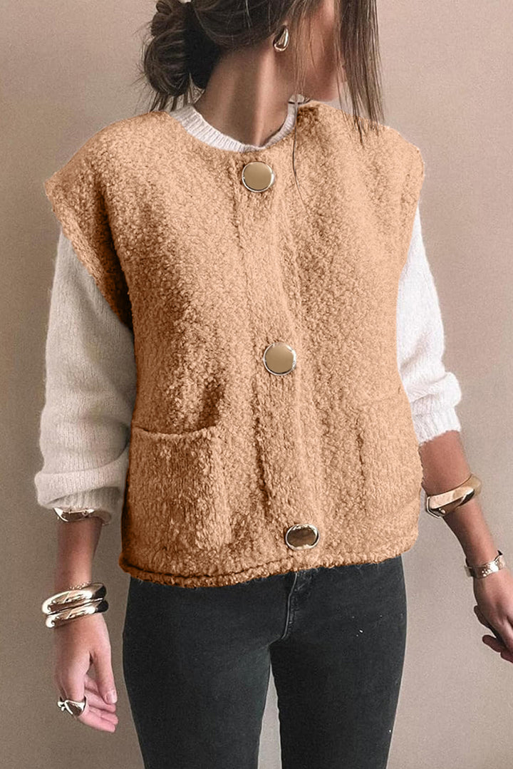 Light French Beige Big Button Accent Fuzzy Pocket Vest