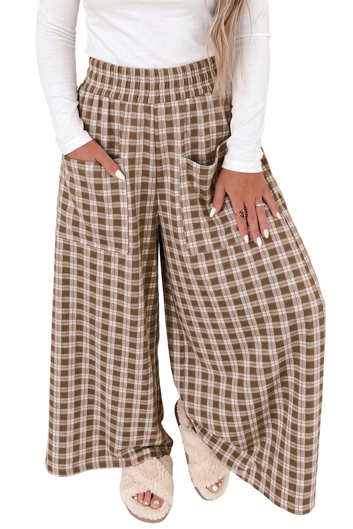 Brown Plaid Elastic Waist Patch Pocket Wide Leg Pants