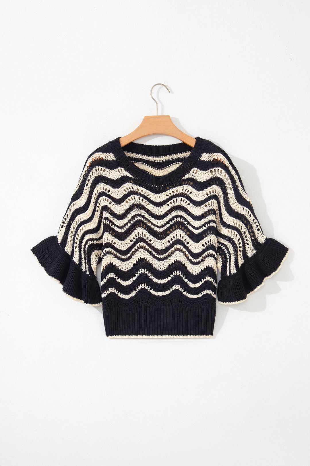 Beige Stripe Wavy Crochet Eyelet Detail Ruffle Half Sleeve Sweater